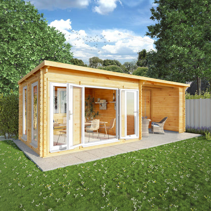 The 7m x 3m Wren Log Cabin with Patio Area and White UPVC