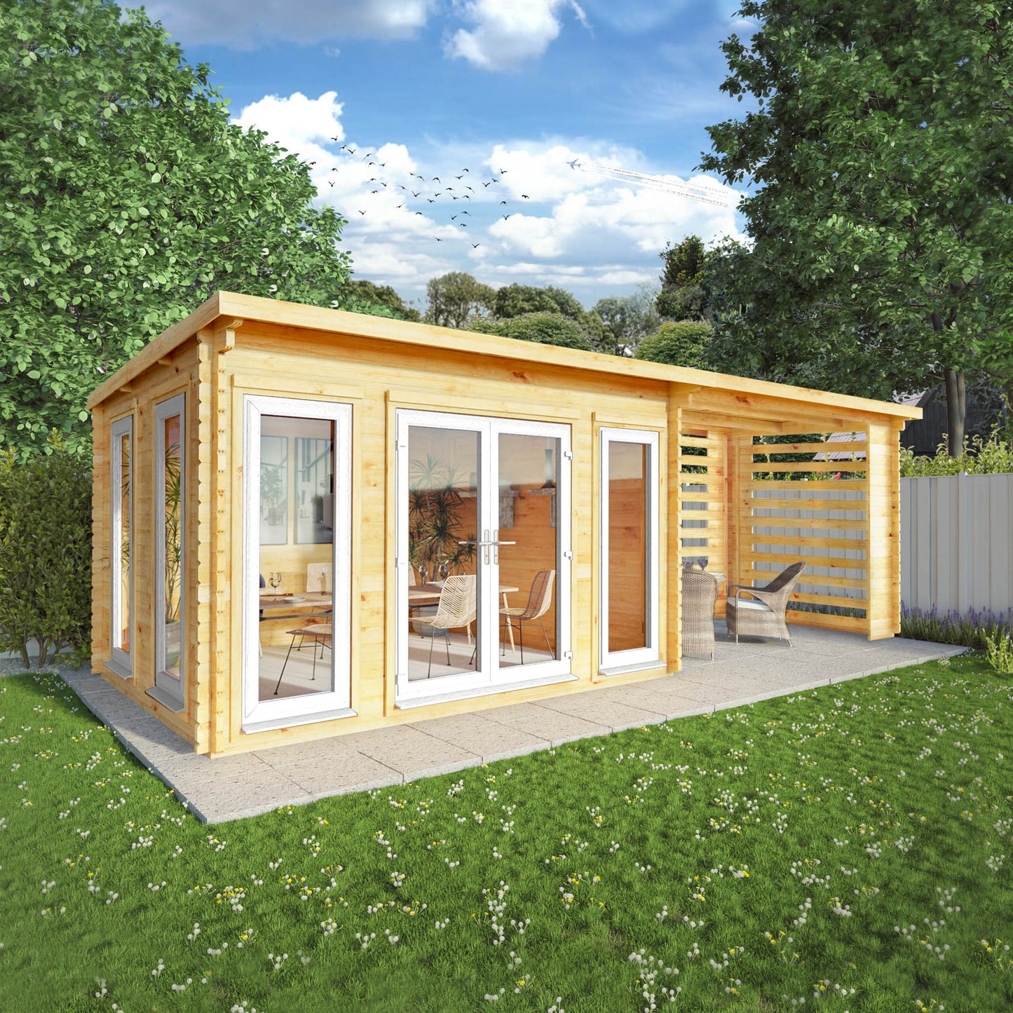 The 7m x 3m Wren Log Cabin with Slatted Area and White UPVC