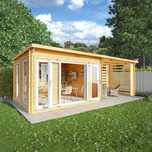 The 7m x 3m Wren Log Cabin with Slatted Area and White UPVC