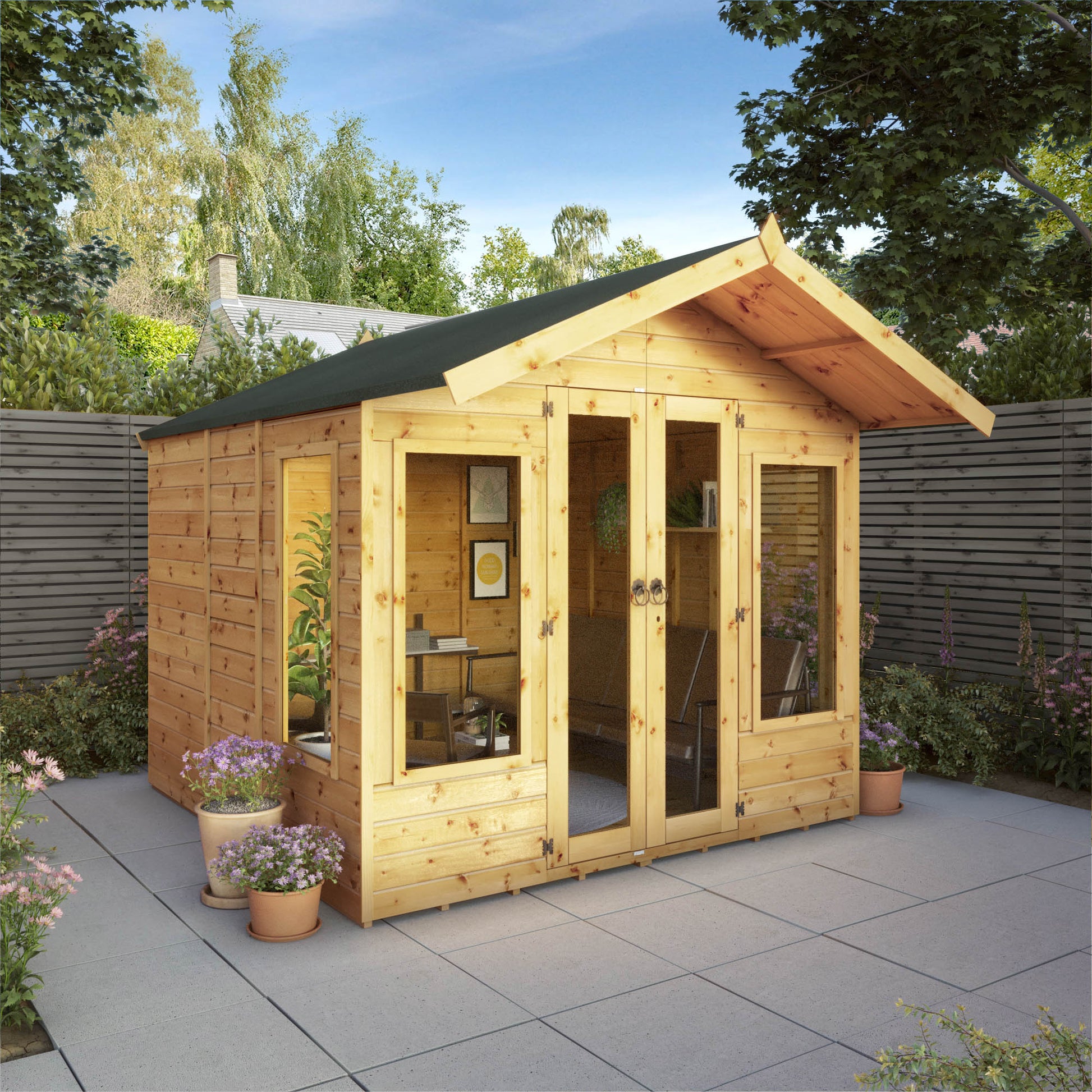 A traditional timber summerhouse with double doors and apex roof