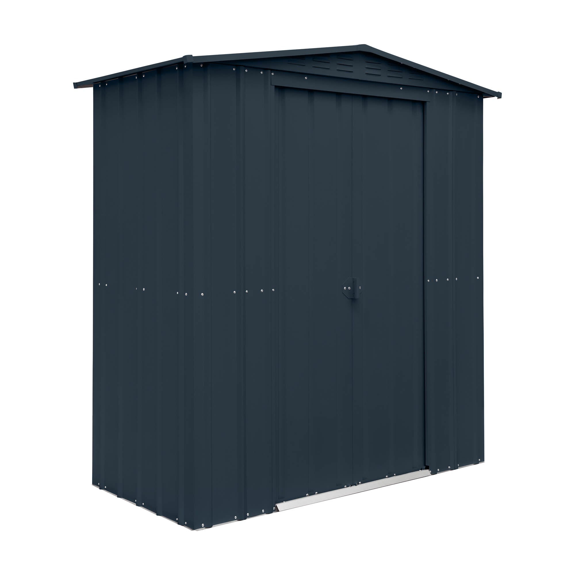 Dark blue metal storage shed on a white background