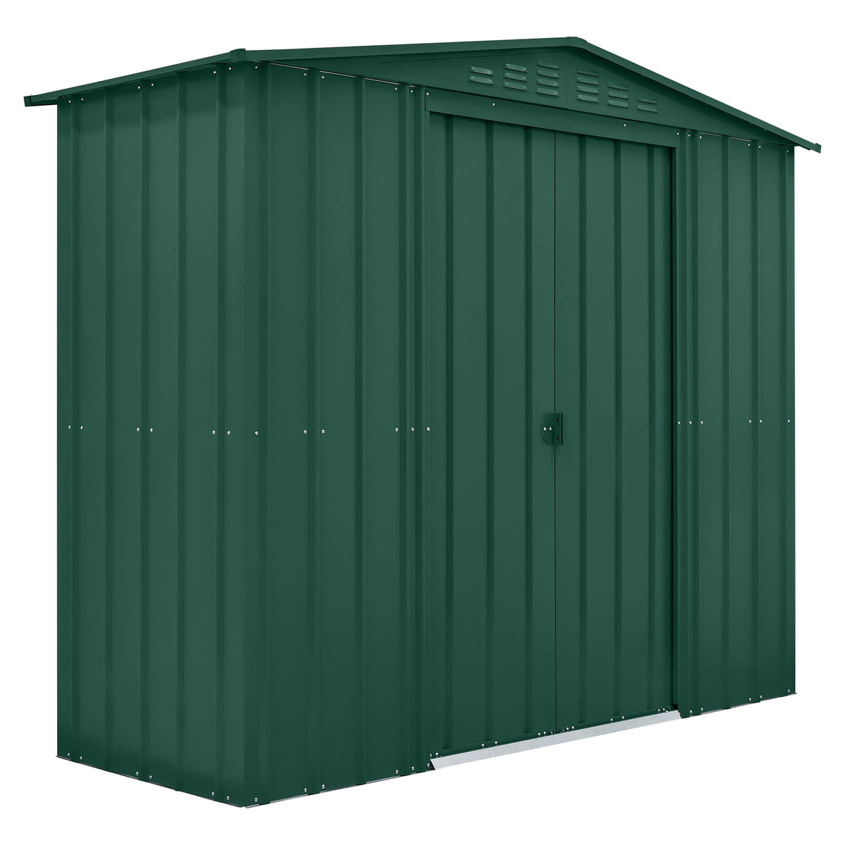 Green metal storage shed on a white background