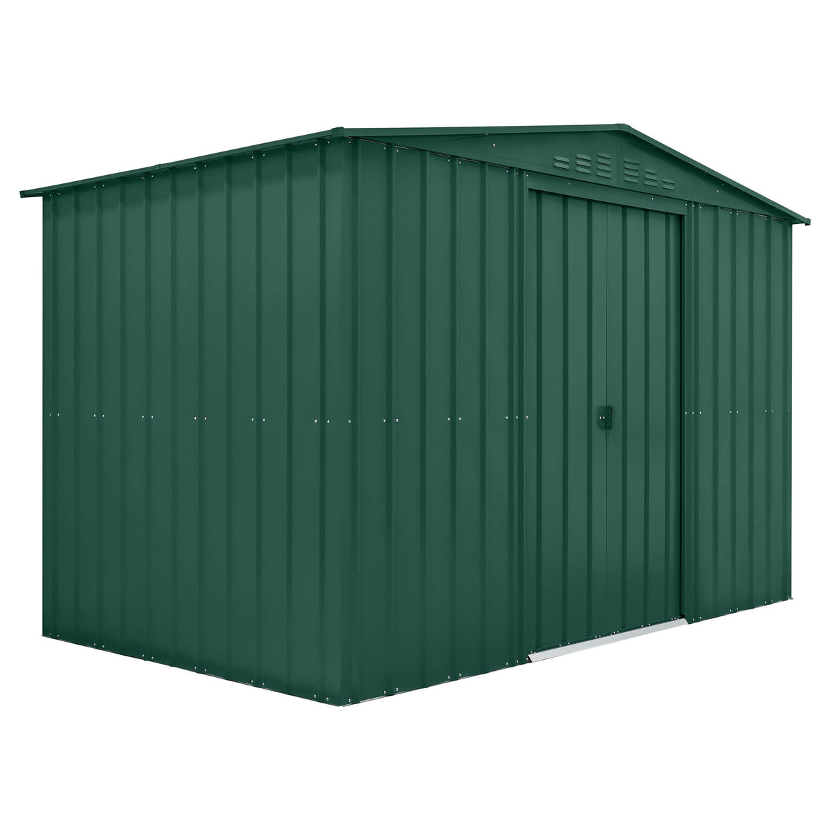 Green metal storage shed on a white background