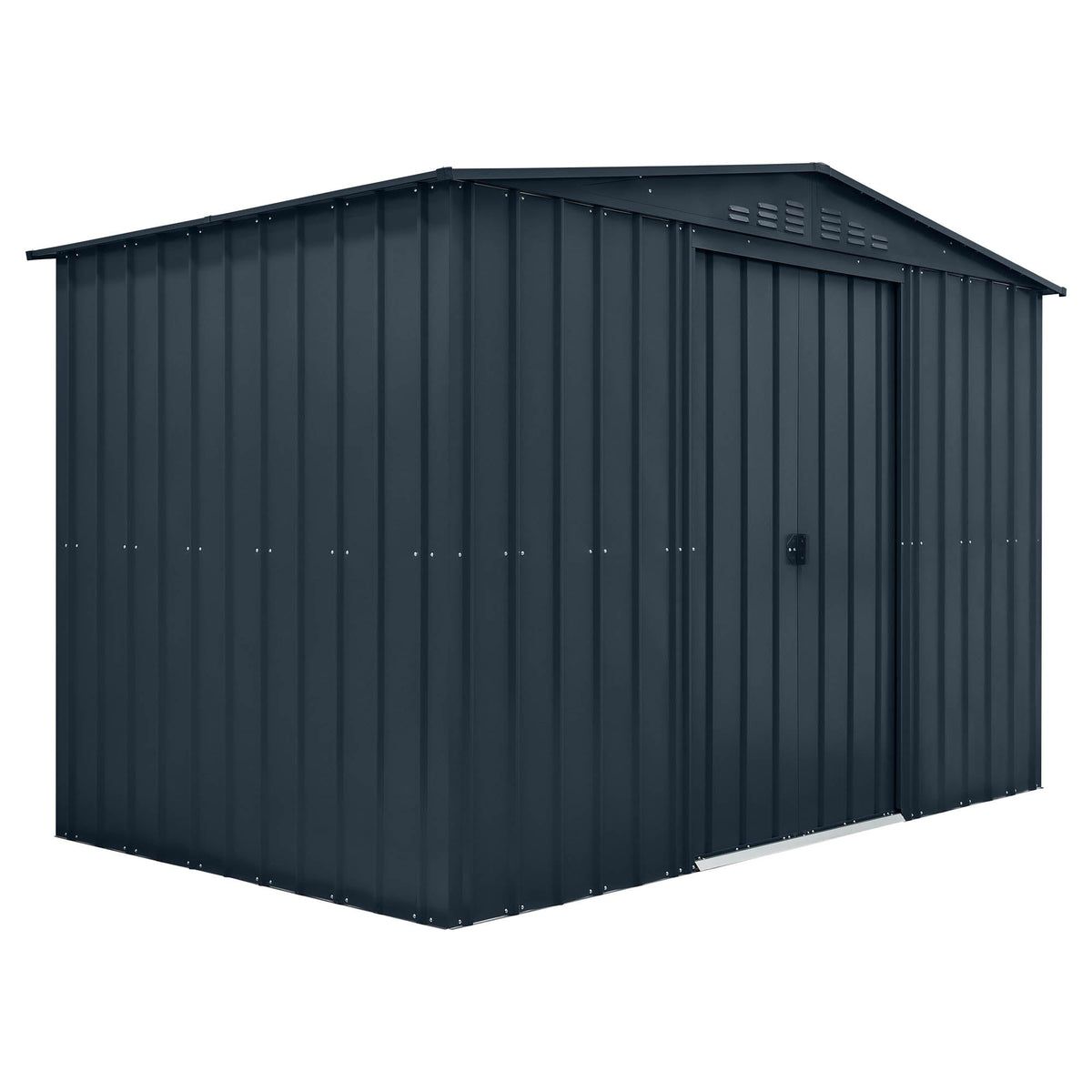 Dark gray metal storage shed on a white background