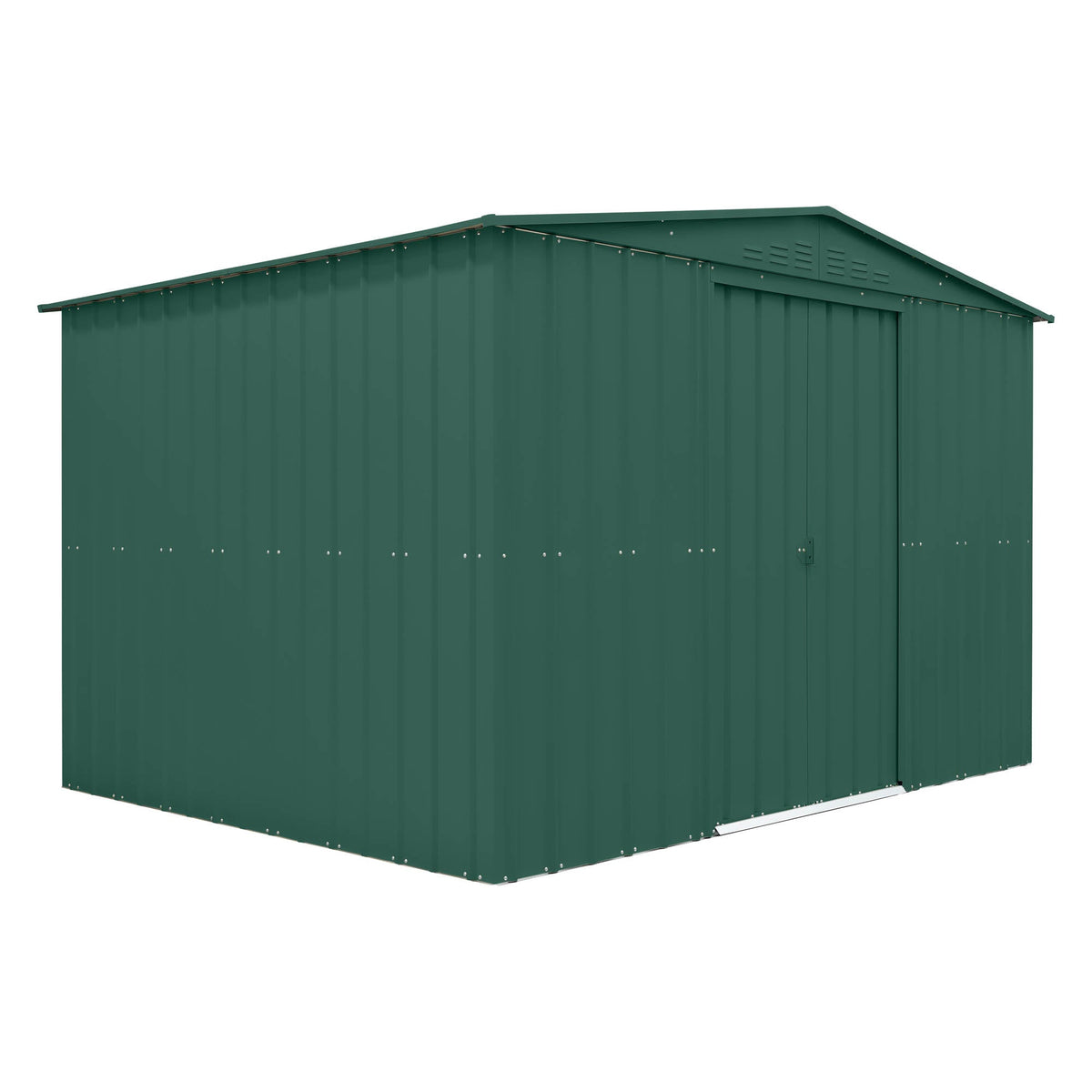 Green metal storage shed on a white background