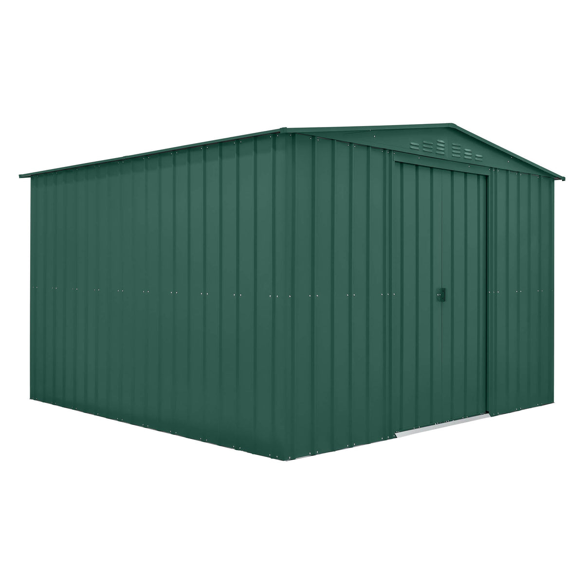 Green metal storage shed on a white background