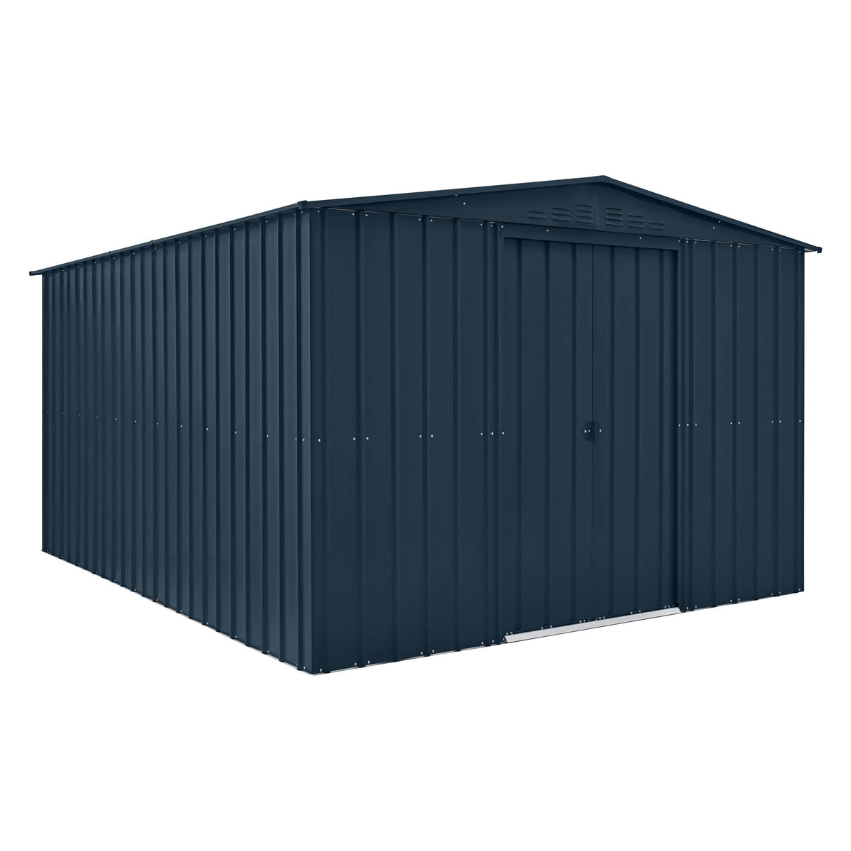 Navy blue metal storage shed on a white background