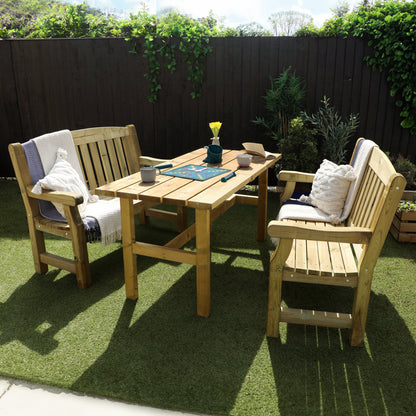A picture of a timber bench and table set, featuring two benches and a wooden table