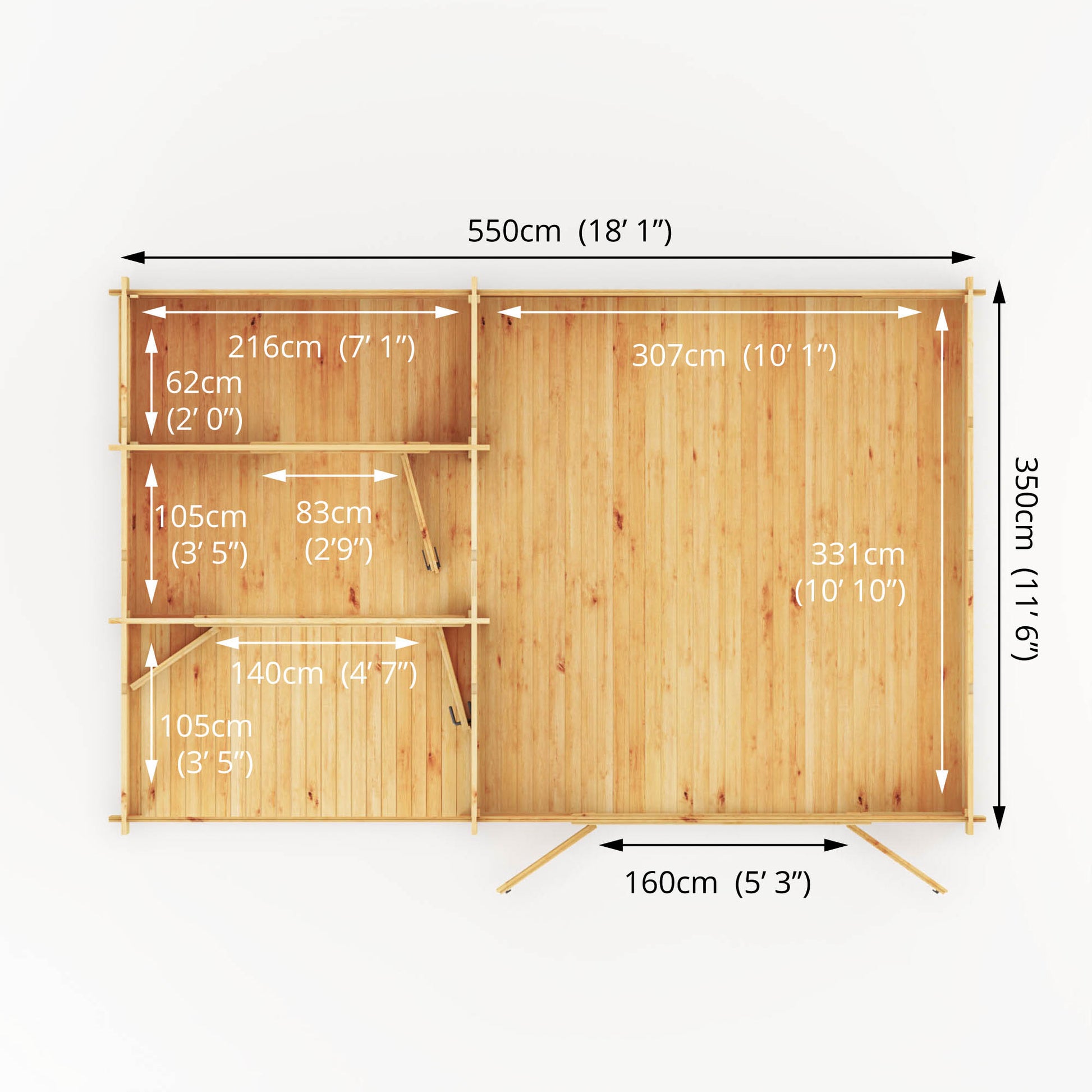 Dimensions of a modern, large, timber log cabin with porch area, double full length doors and pent roof.