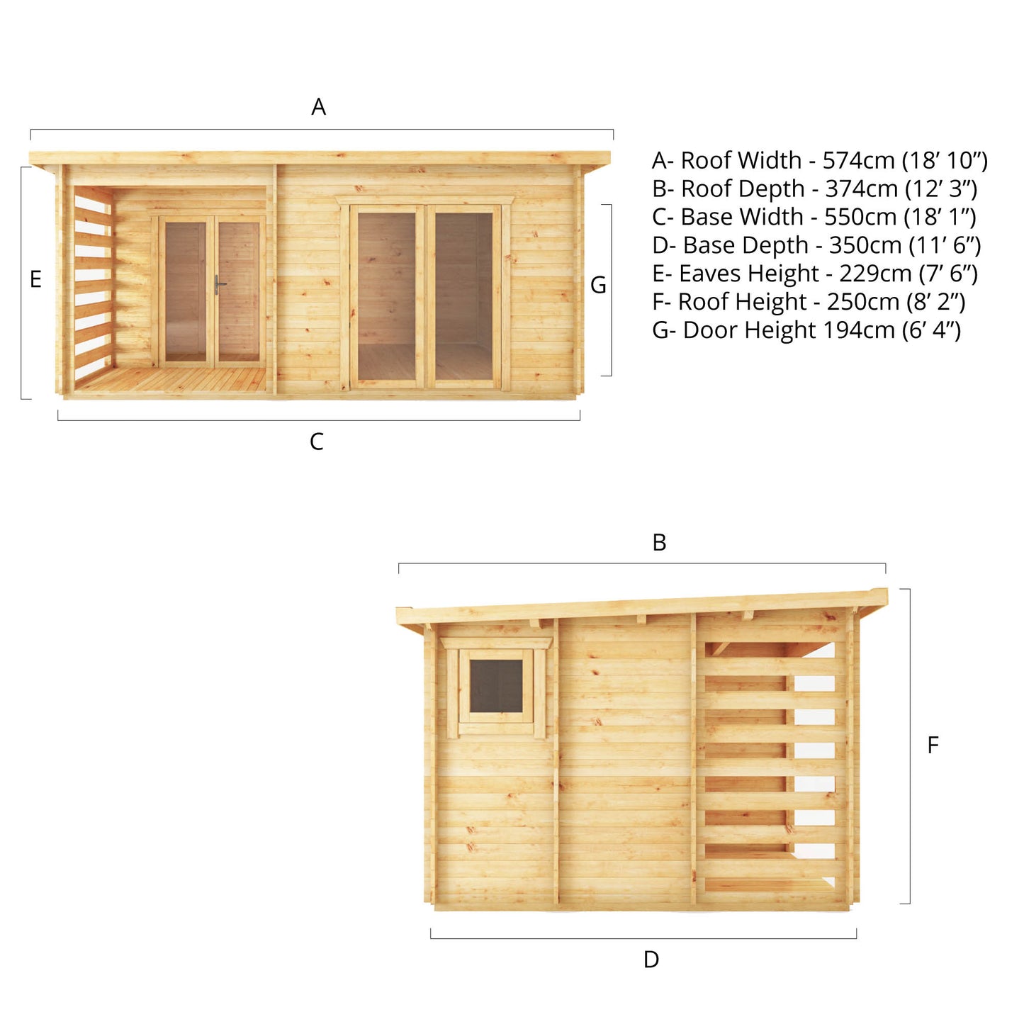 Dimensions of a modern, large, timber log cabin with porch area, double full length doors and pent roof.