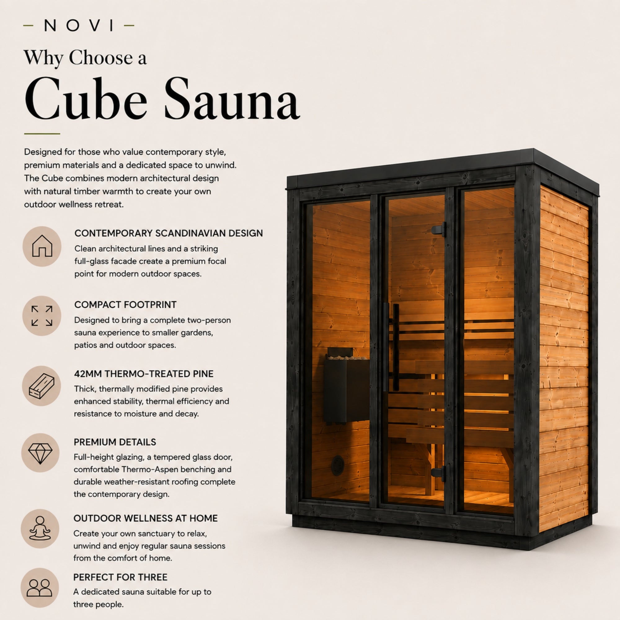Novi Rose Premium Cube Outdoor Sauna - 3 Person