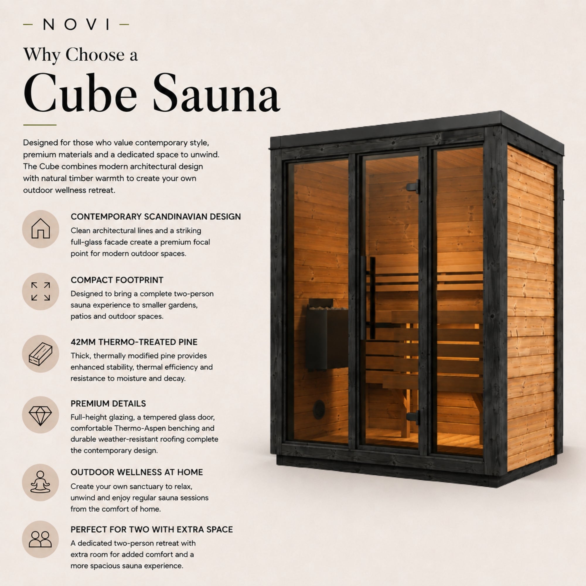 Novi Rose Premium Cube Outdoor Sauna - 3 Person
