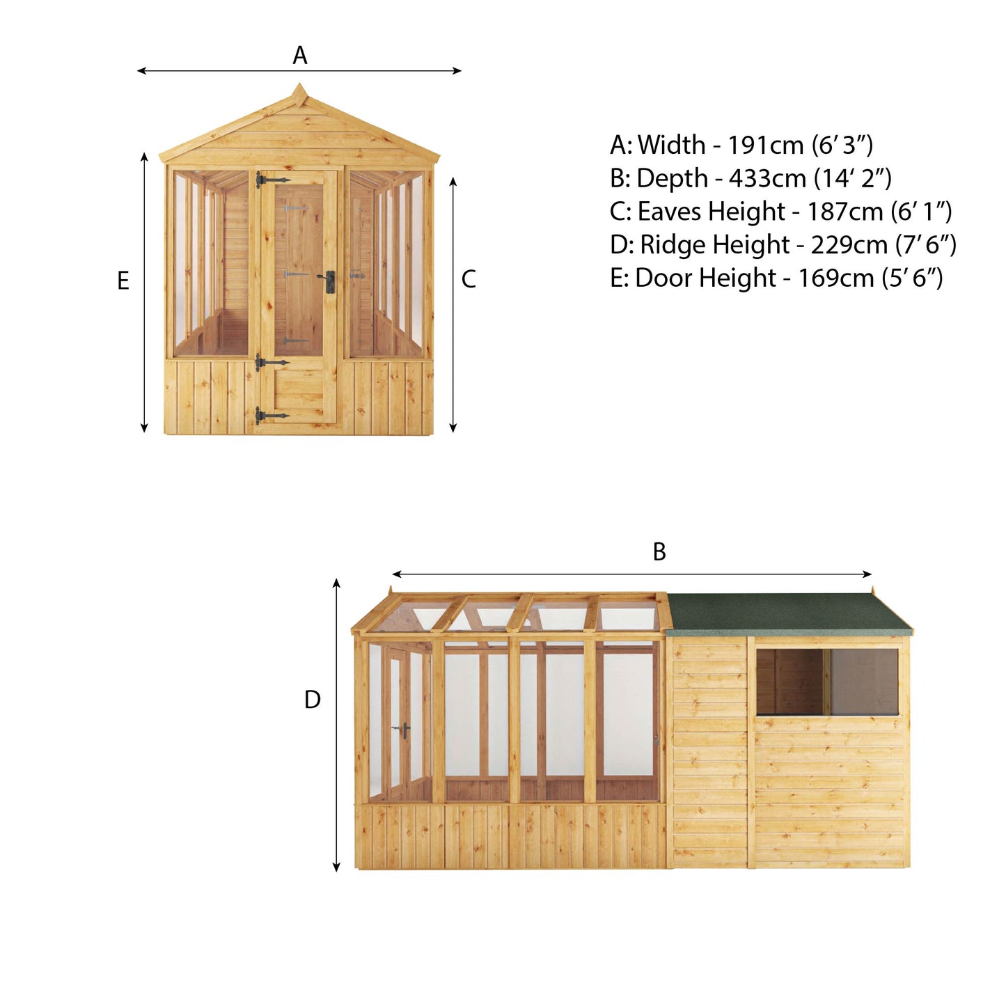 14 x 6 Woodsman Glass Combi Greenhouse with Shed