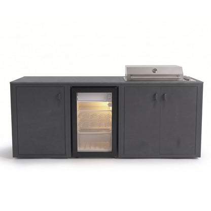 Vantage Linear Outdoor Kitchen with Fridge and 4 Burner BBQ, in use on a patio, Grey