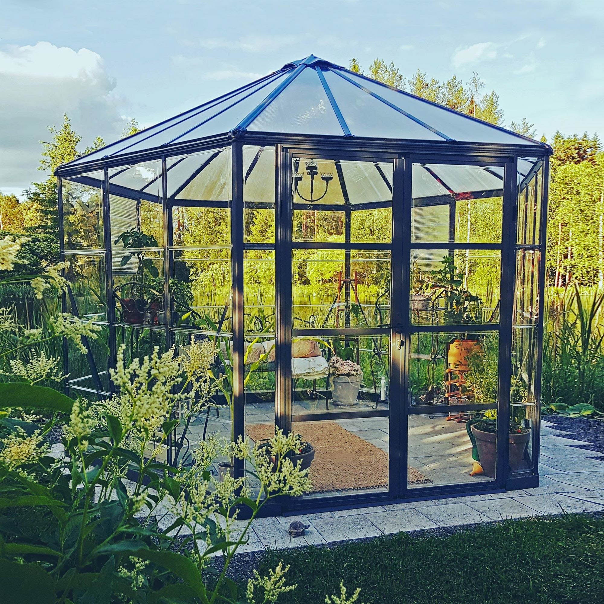 A hexagonal greenhouse with built in shelves and grey metal framing