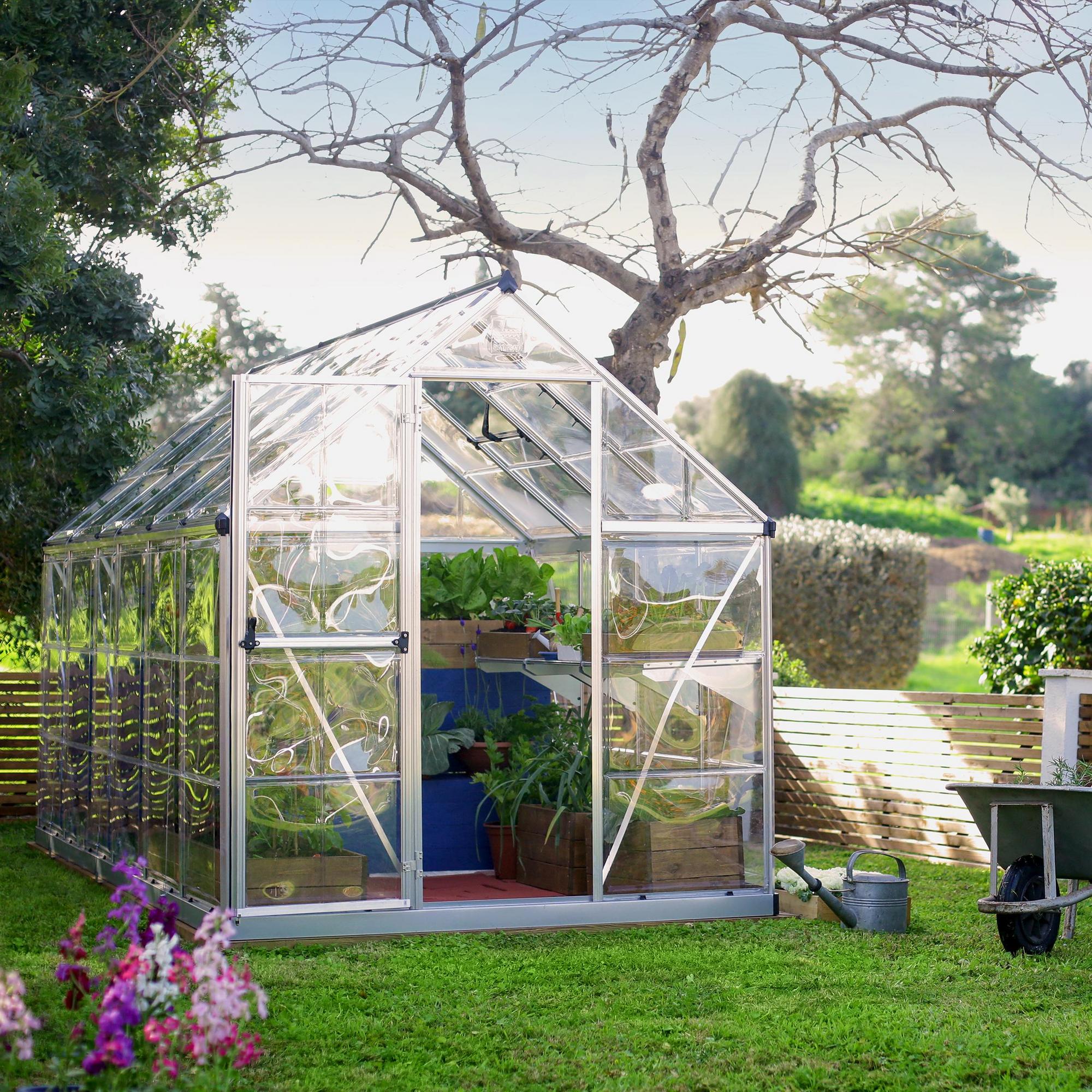 Silver framed greenhouse in a garden