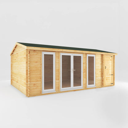The 6.1m x 4m Dove Log Cabin with Side Shed and White UPVC