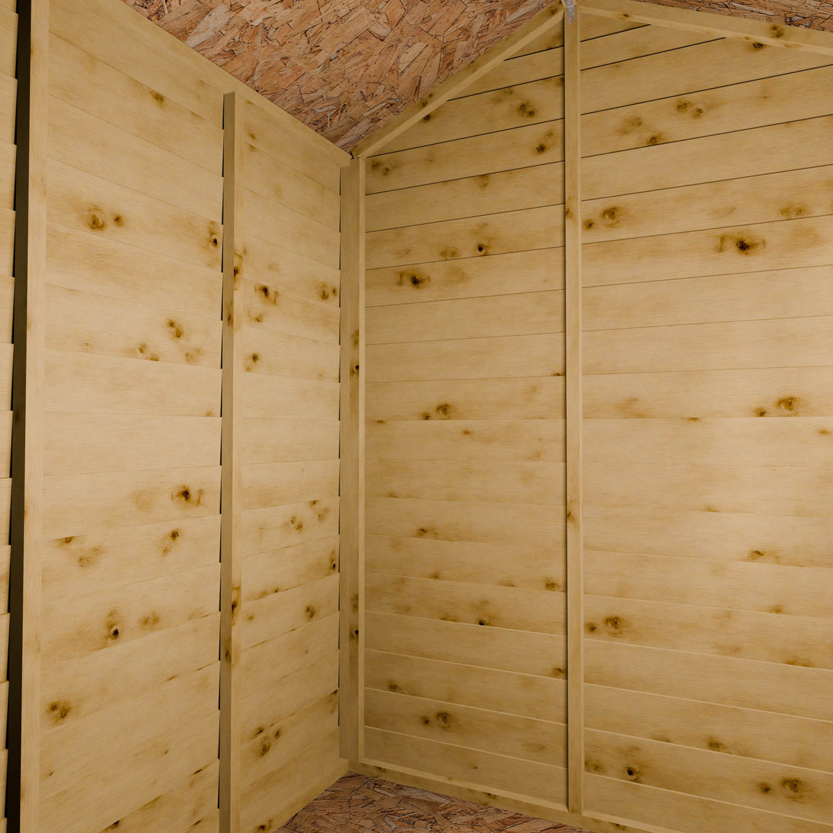 Wooden shed interior with an apex roof