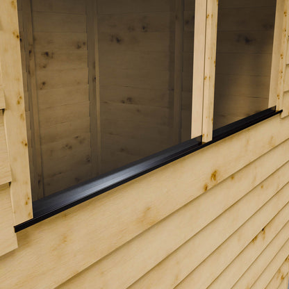 Wooden shed with a window and black weather stripping