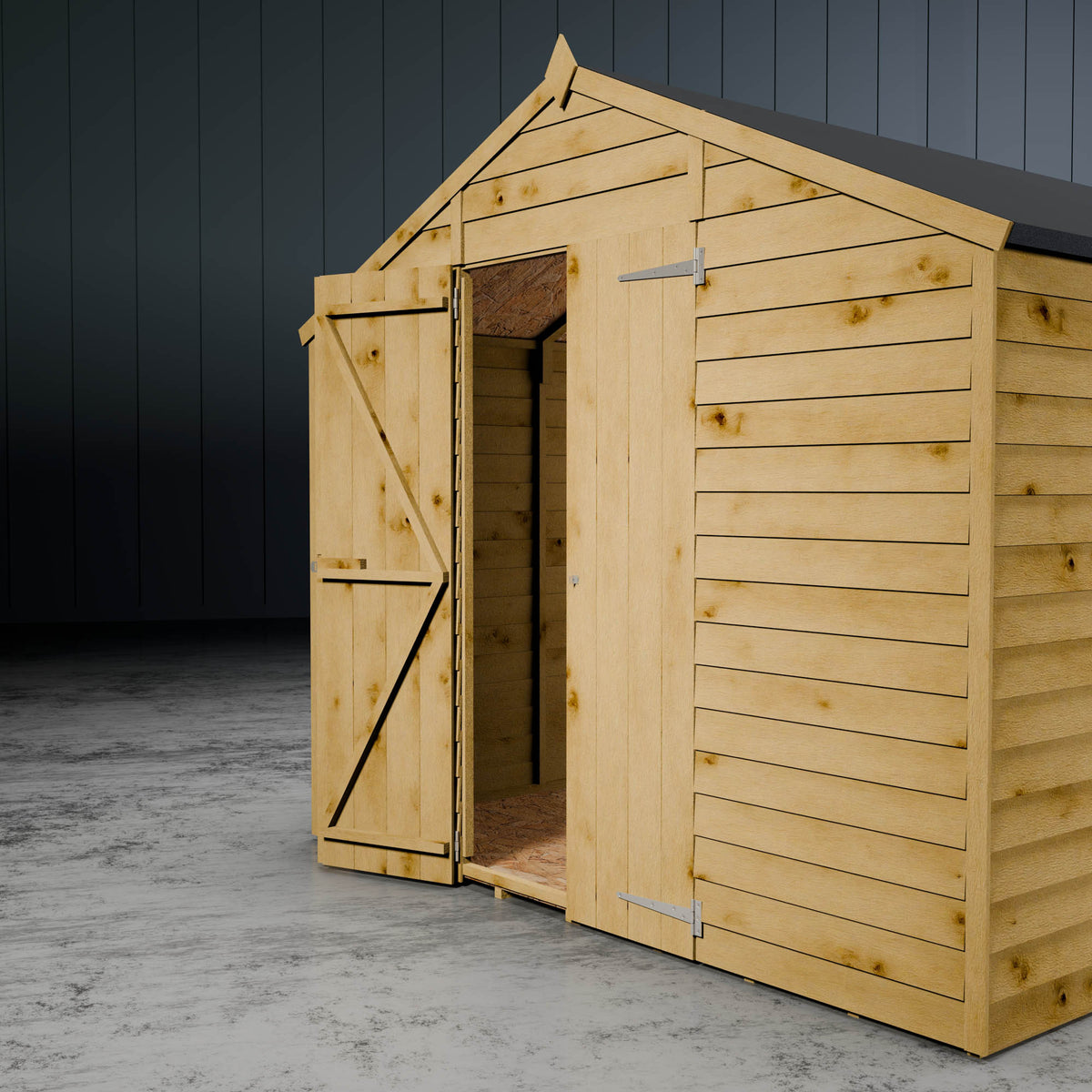 Wooden overlap apex shed with one of the double doors open in a metallic setting.