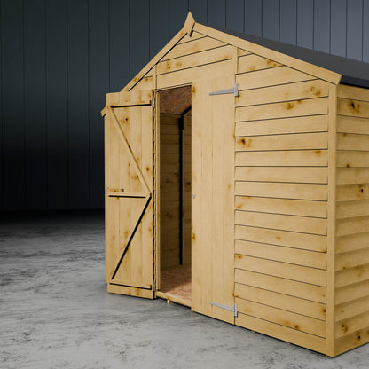 Wooden overlap apex shed with one of the double doors open in a metallic setting.