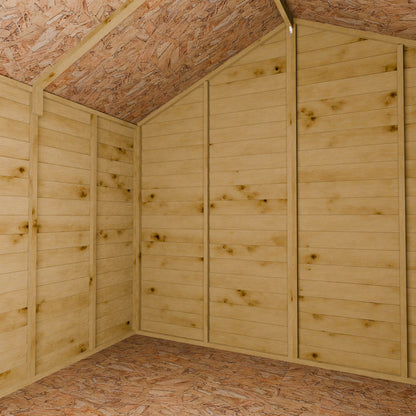 Wooden shed interior with an apex ceiling