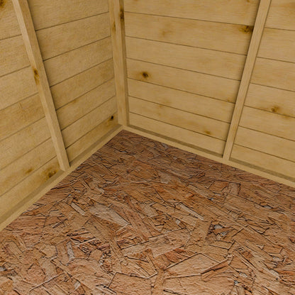 Wooden interior with planks on the walls and OSB flooring.