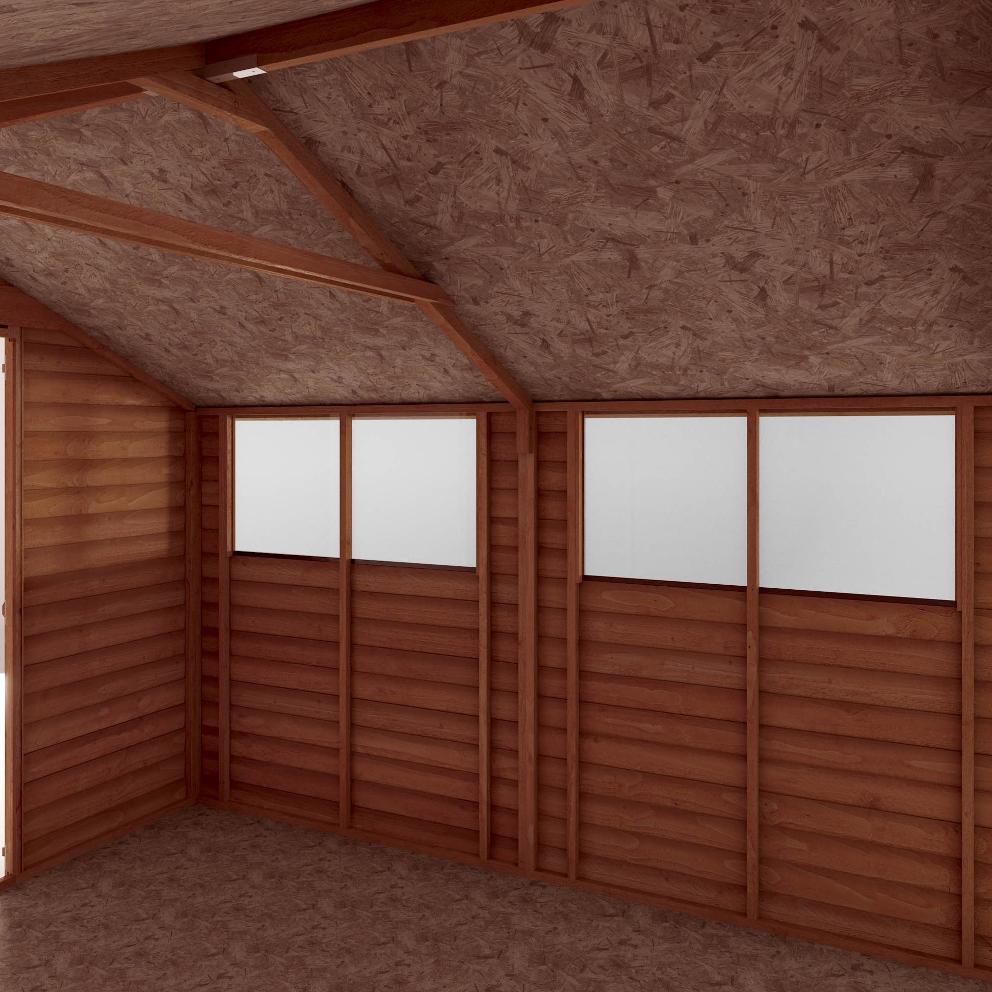 A large shed with double doors and windows, used for storage purposes
