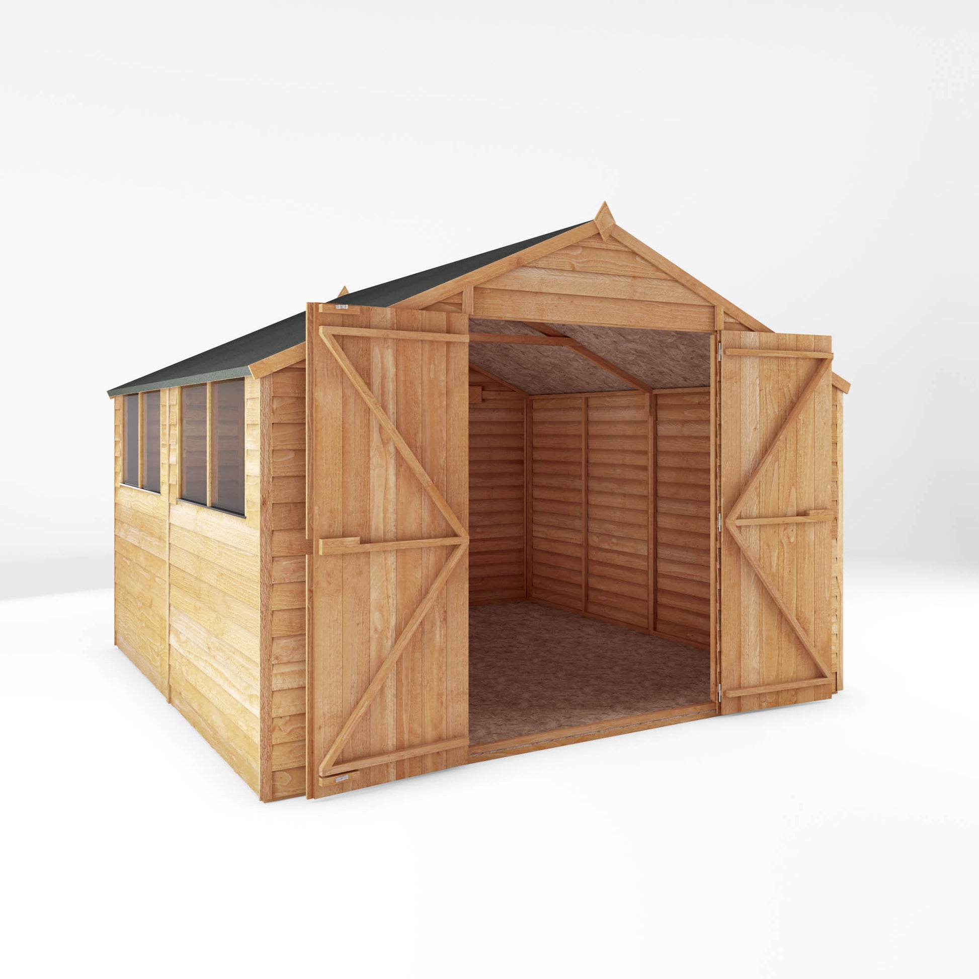 A large shed with double doors and windows, used for storage purposes