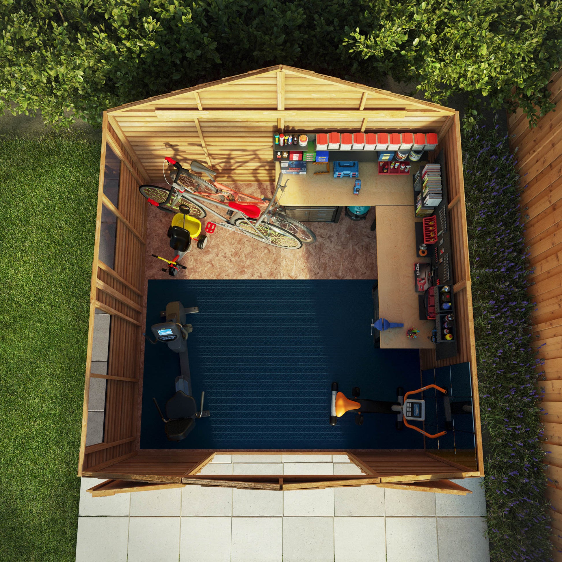 An aerial view of a timber shed being used for storage purposes