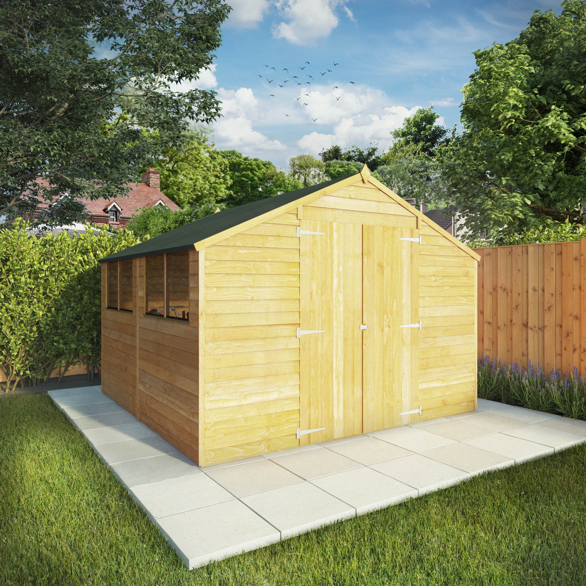 A large shed with double doors and windows, used for storage purposes