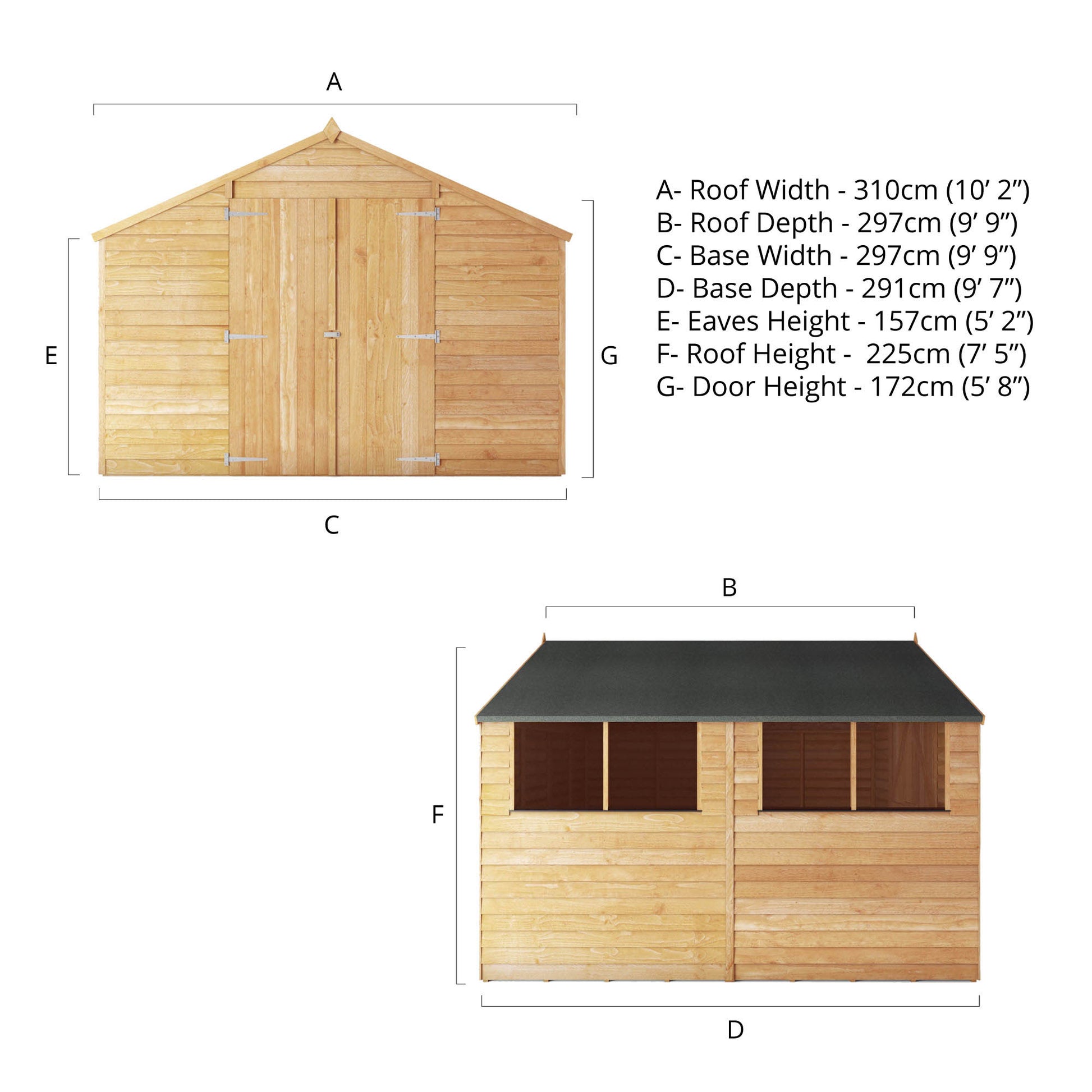 A specification image of a timber shed and its dimensions