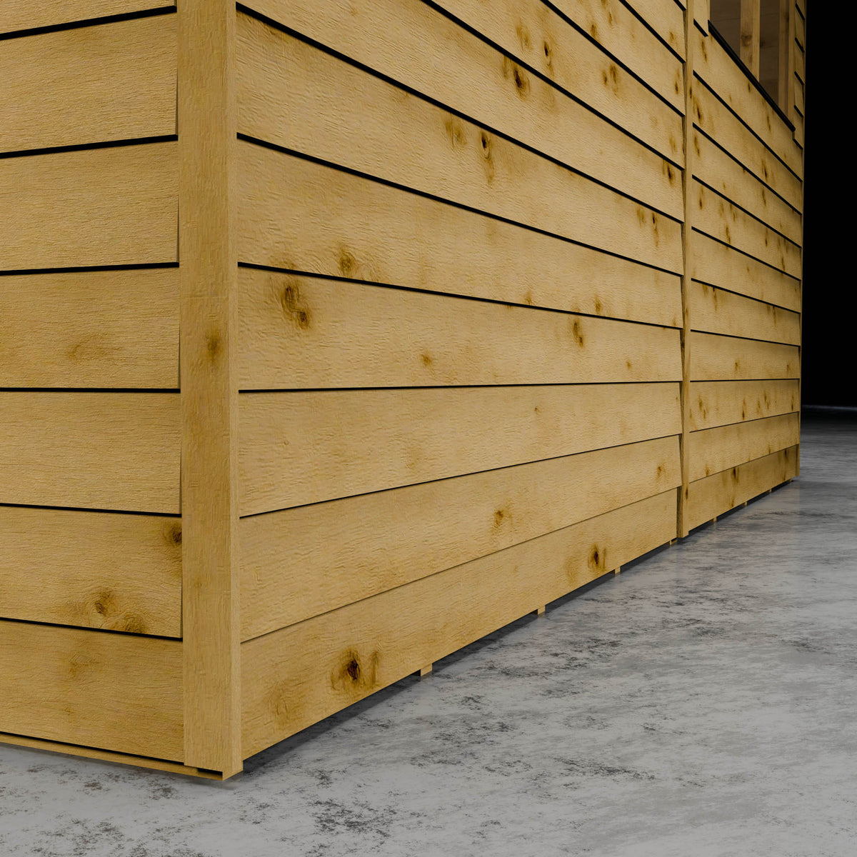 Wooden overlap shed cladding with styrene windows in a darkened setting.