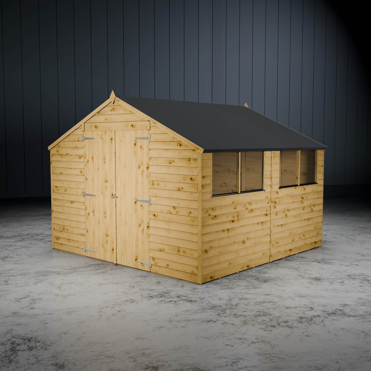Wooden overlap apex shed with styrene windows and double doors on a metallic background.