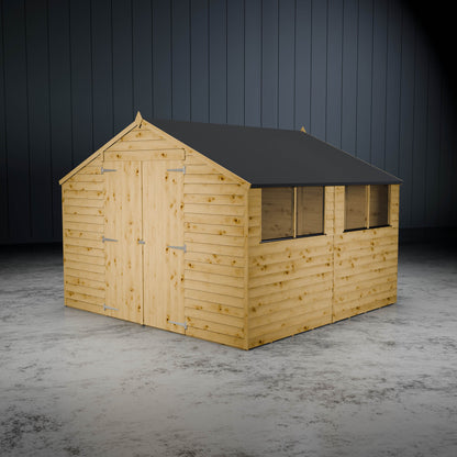 Wooden overlap apex shed with styrene windows and double doors on a metallic background.