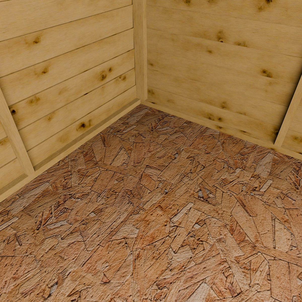 Wooden wall and floor with OSB (Oriented Strand Board) flooring.