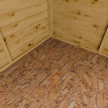Wooden wall and floor with OSB (Oriented Strand Board) flooring.