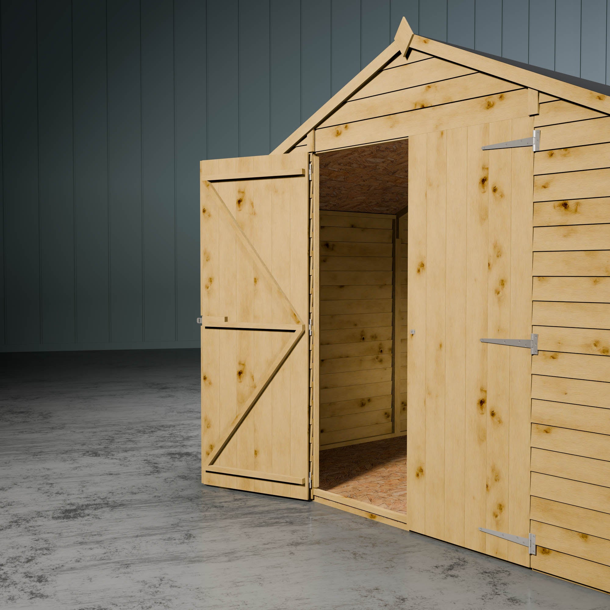 Wooden overlap apex shed with one of the double doors open on a metallic background.