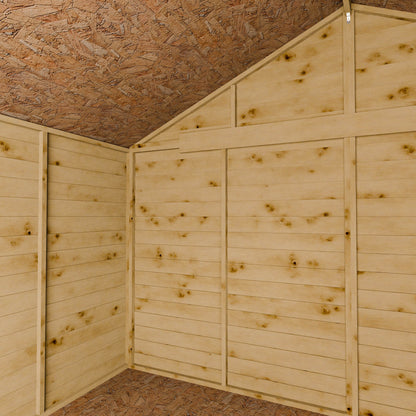 Wooden shed interior with panelized walls and ceiling.