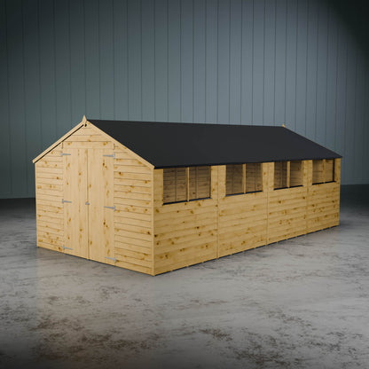 Wooden overlap apex shed with styrene windows with double doors on a metallic background.