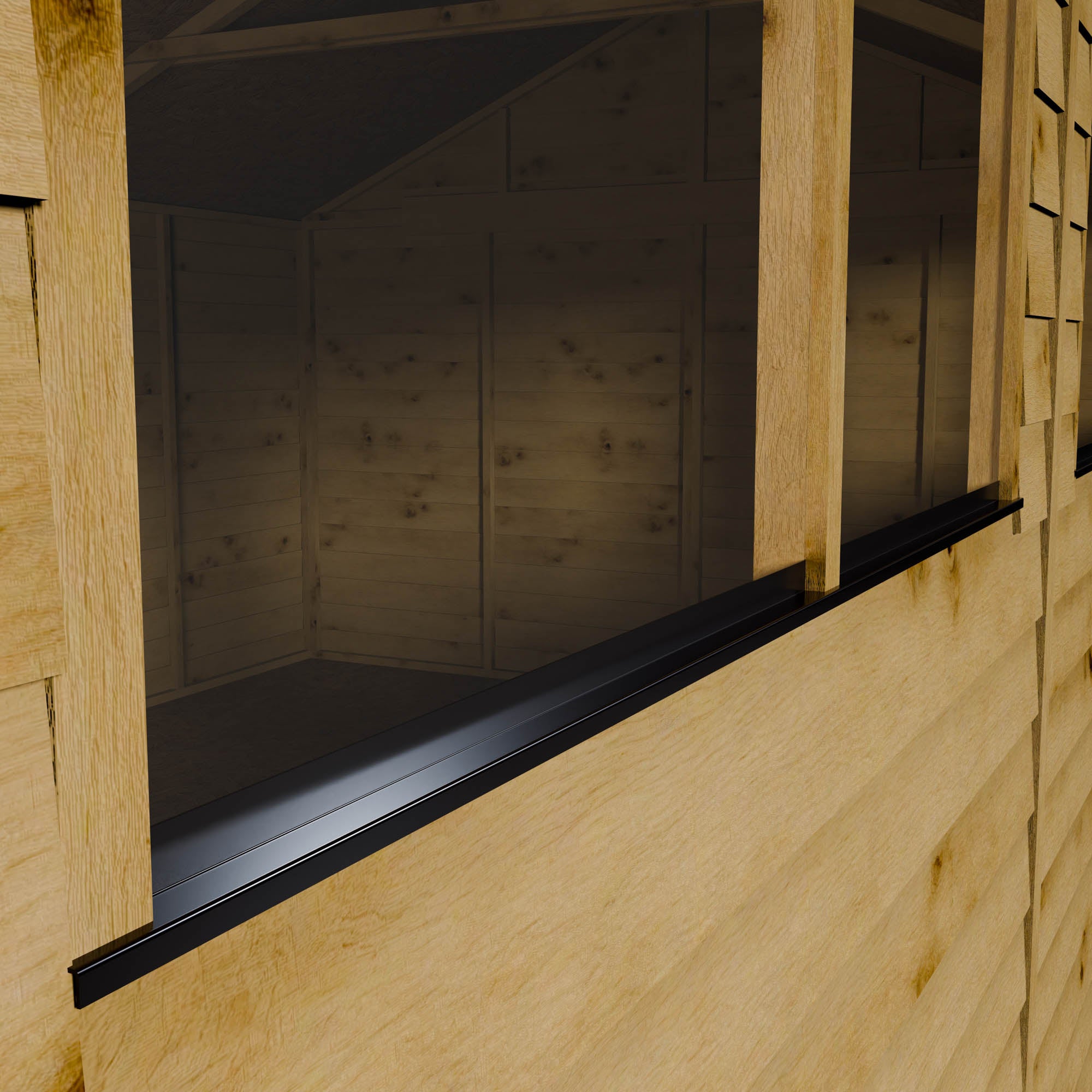 Wooden shed interior with a black window frame