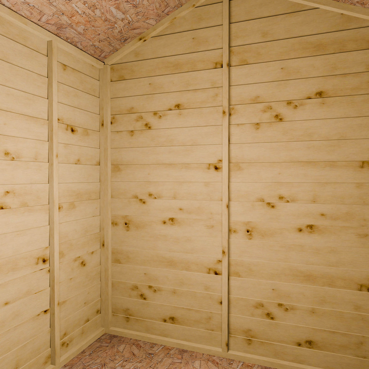Wooden shed interior with slatted walls and an apex roof.