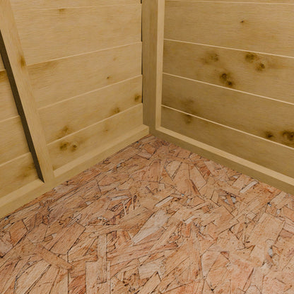 Wooden floor with a visible subfloor and wooden walls.