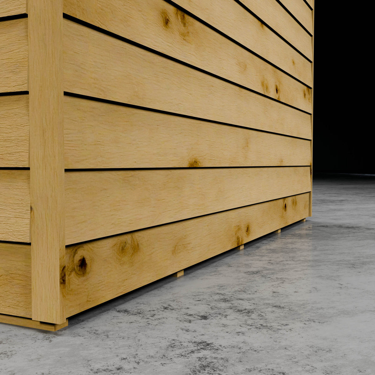 Wooden overlap shed cladding in a darkened setting.