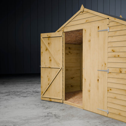 Wooden overlap apex shed with one of the double doors open on a metallic background.