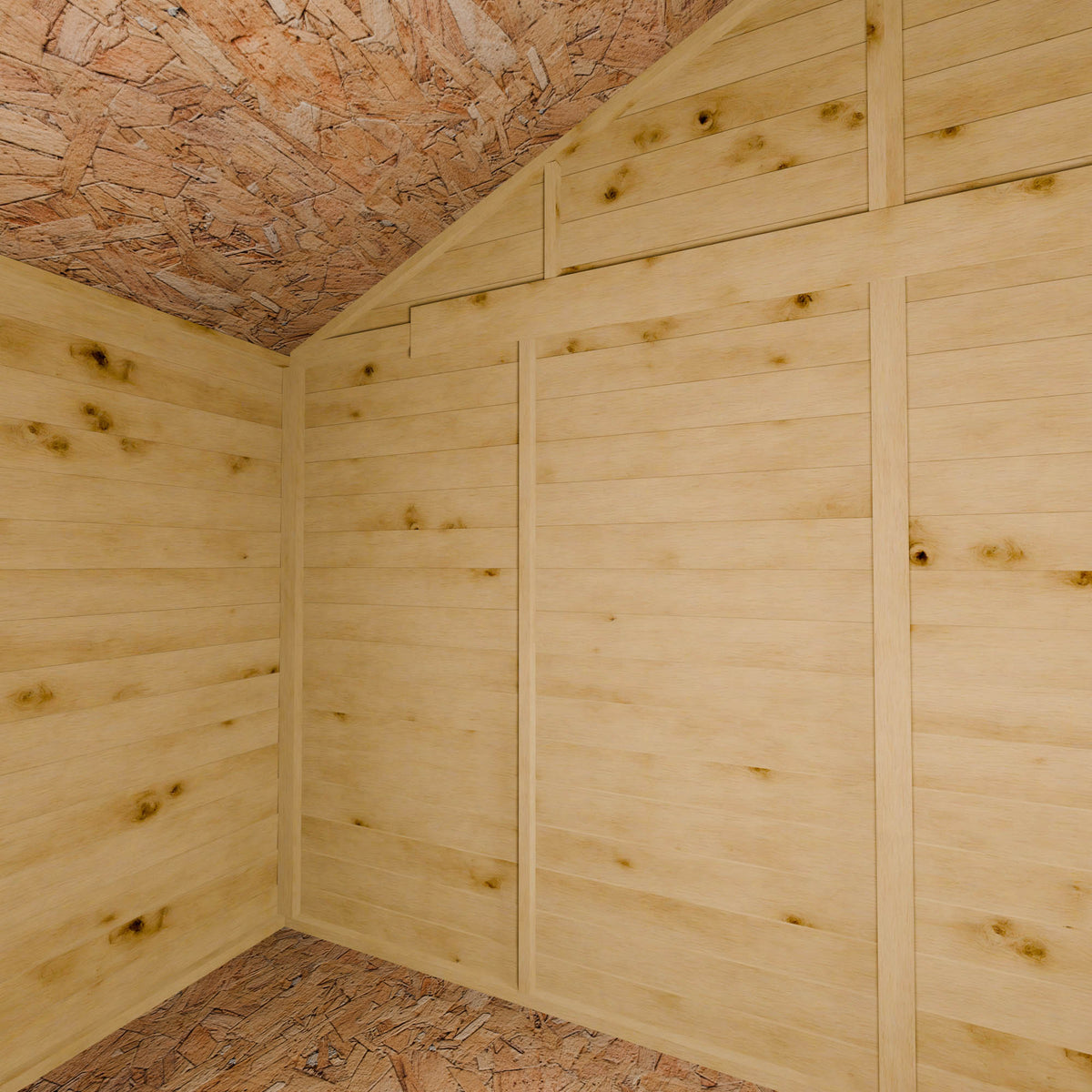 Wooden shed interior with wooden walls and ceiling.