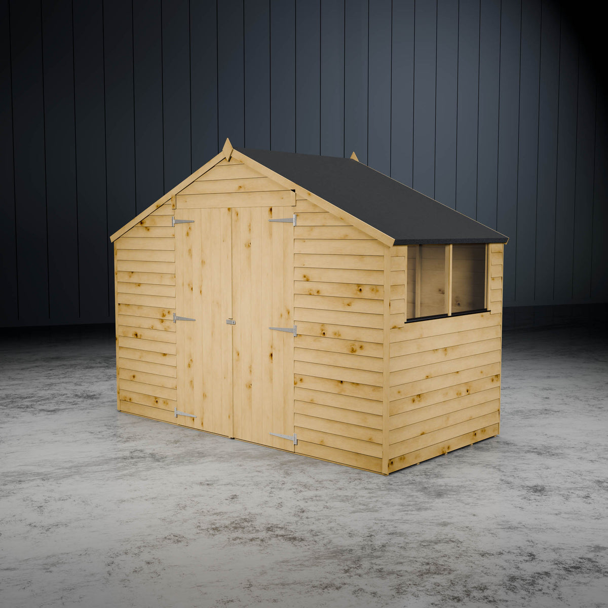 Wooden apex overlap shed with styrene windows and double doors on a metallic background.