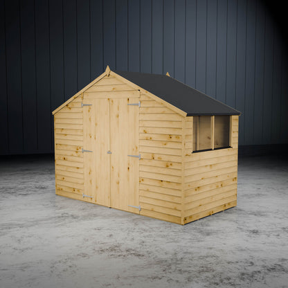 Wooden apex overlap shed with styrene windows and double doors on a metallic background.