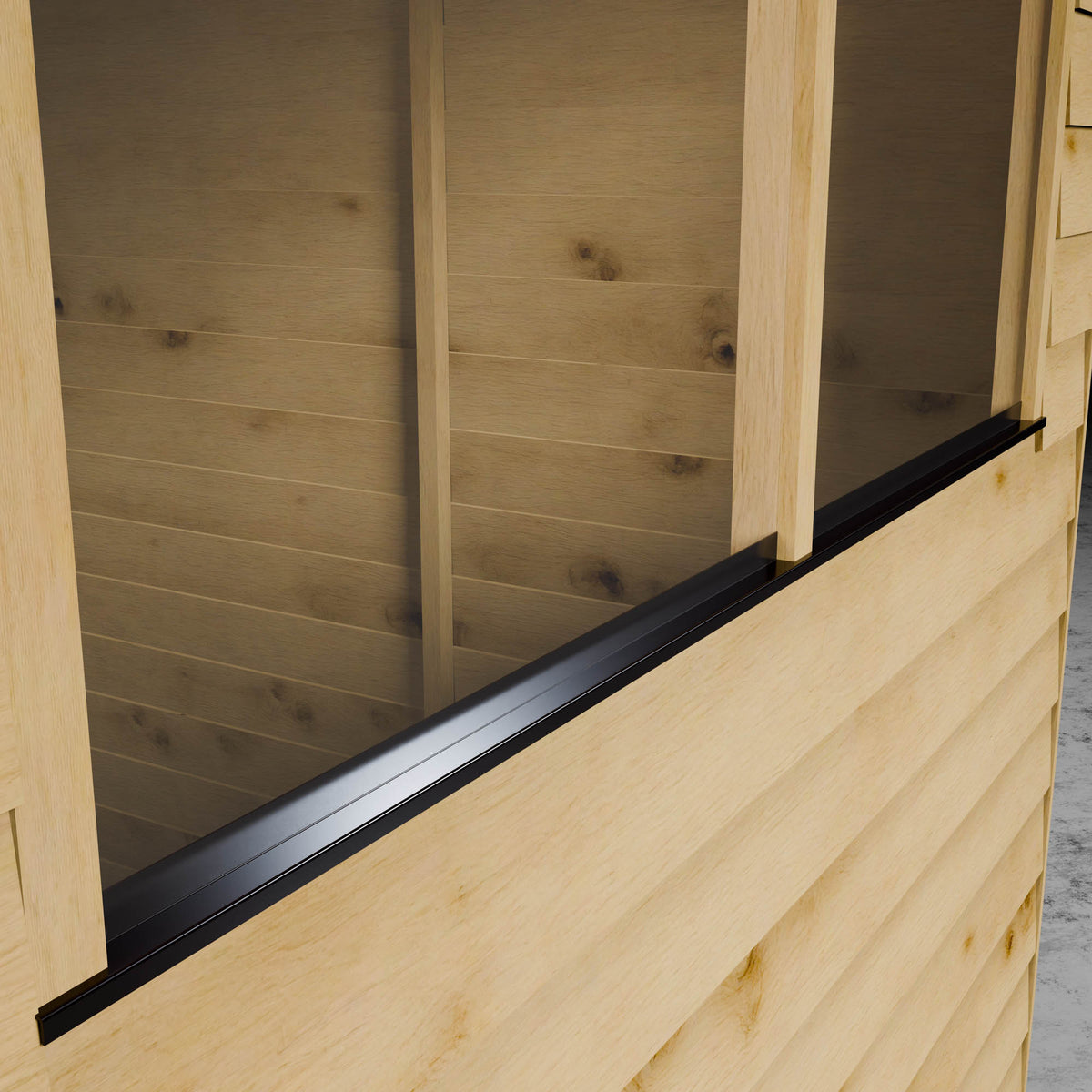 Wooden shed with a styrene windows and black frame