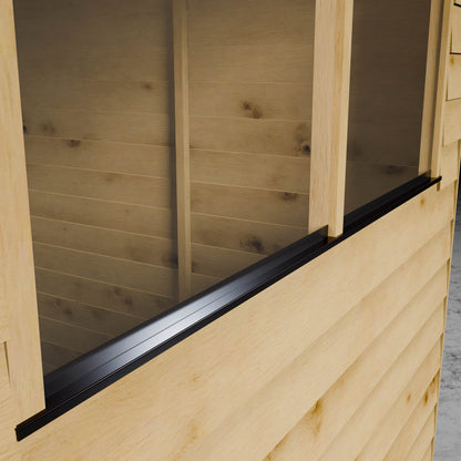 Wooden shed with a styrene windows and black frame